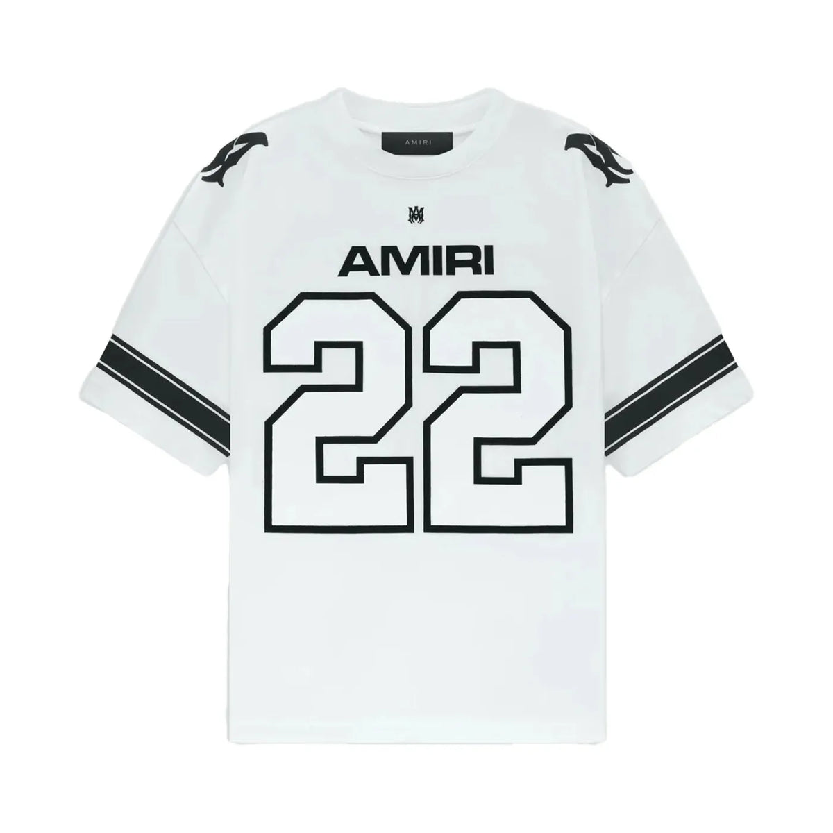 White AMIRI Skater Tee with bold black "AMIRI" text, "22" number, M logo on chest, sleeve stripes, and shoulder flame graphics.