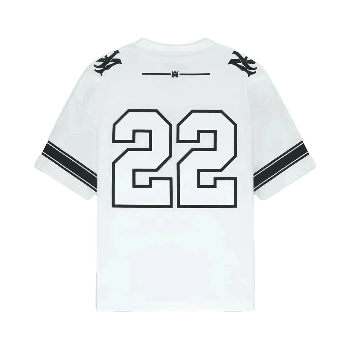 White AMIRI Skater Tee, back view. Black outlined '22' on center, stylized 'M' logo above. Black stripes on sleeves.