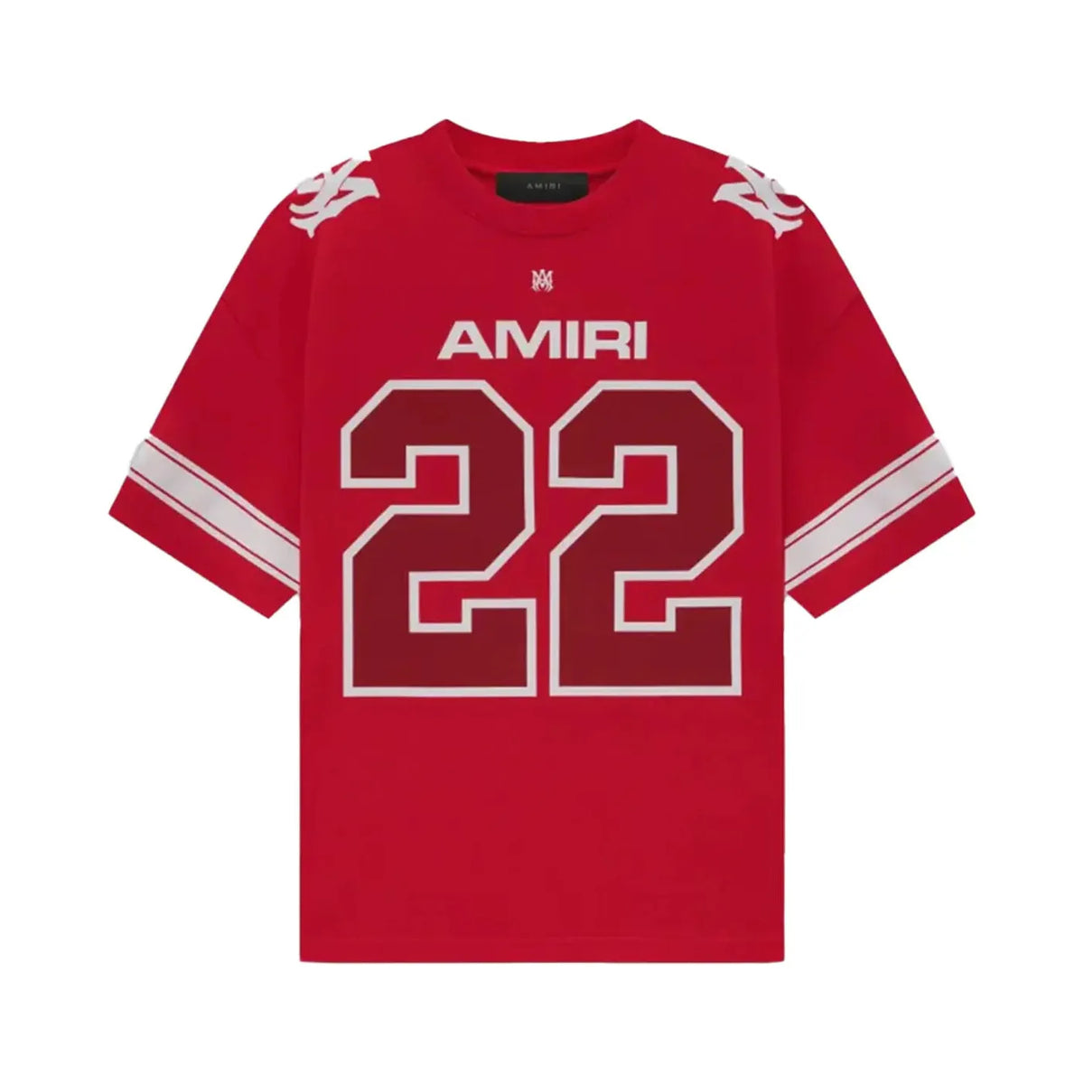 AMIRI Red Skater Tee with large 'AMIRI' text, bold '22', white shoulder graphic, and triple sleeve stripes.