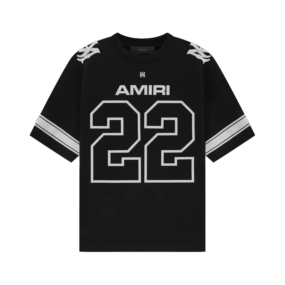 Black AMIRI Skater Tee with white 'M' logo, "AMIRI", and "22" on front. White stripes on sleeves & tribal shoulder graphics.