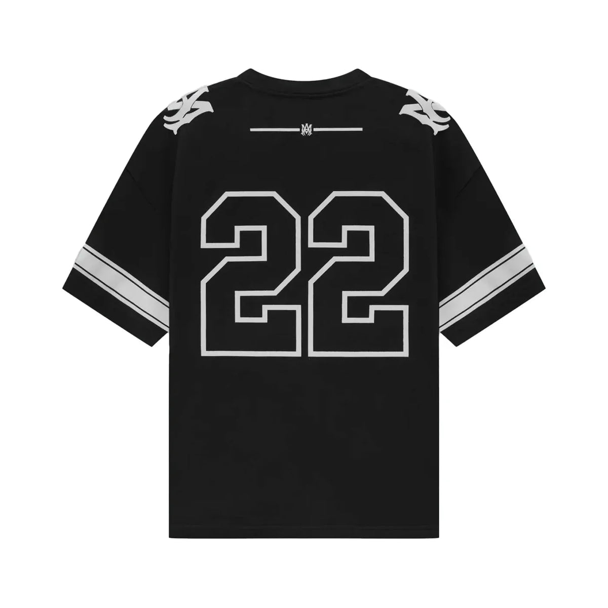 Black AMIRI Skater Tee. Back features large white '22', brand logo, and white striped sleeves with shoulder graphics.