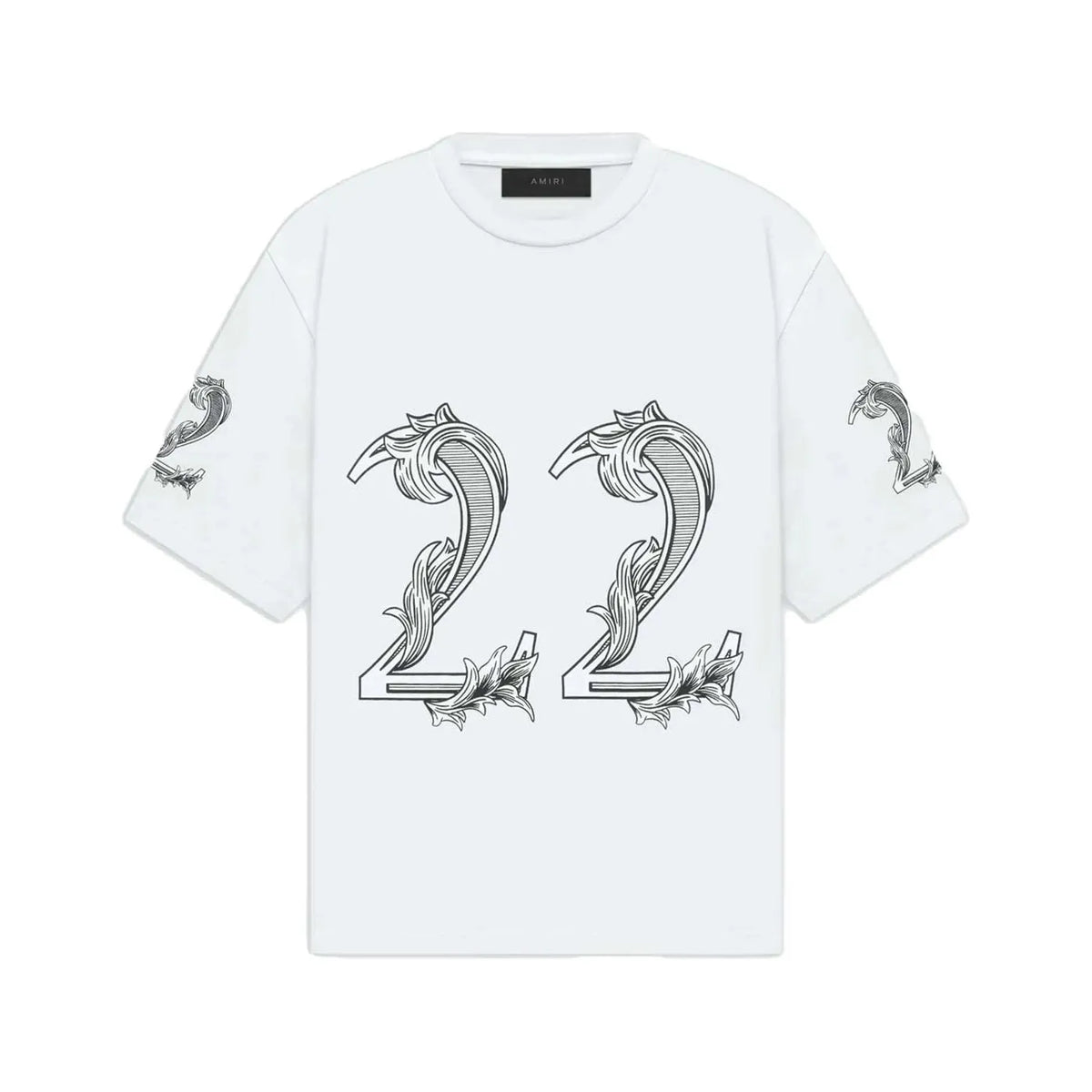 White AMIRI Oversized 22 Tee with large black ornate "22" graphic on front and smaller "2"s on sleeves.