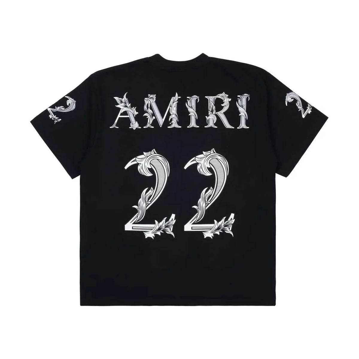 Black AMIRI Oversized 22 Tee with ornate white 'AMIRI' text and large '22' on the back, scroll details on sleeves.