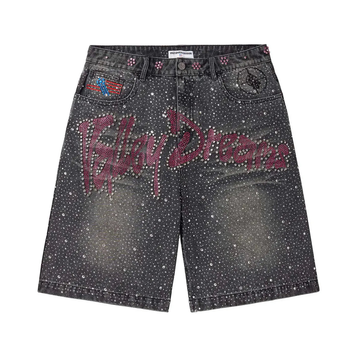 Washed black denim jorts covered in clear rhinestones. Pink "VALE FOREVER" text, American flag, and star pocket designs.