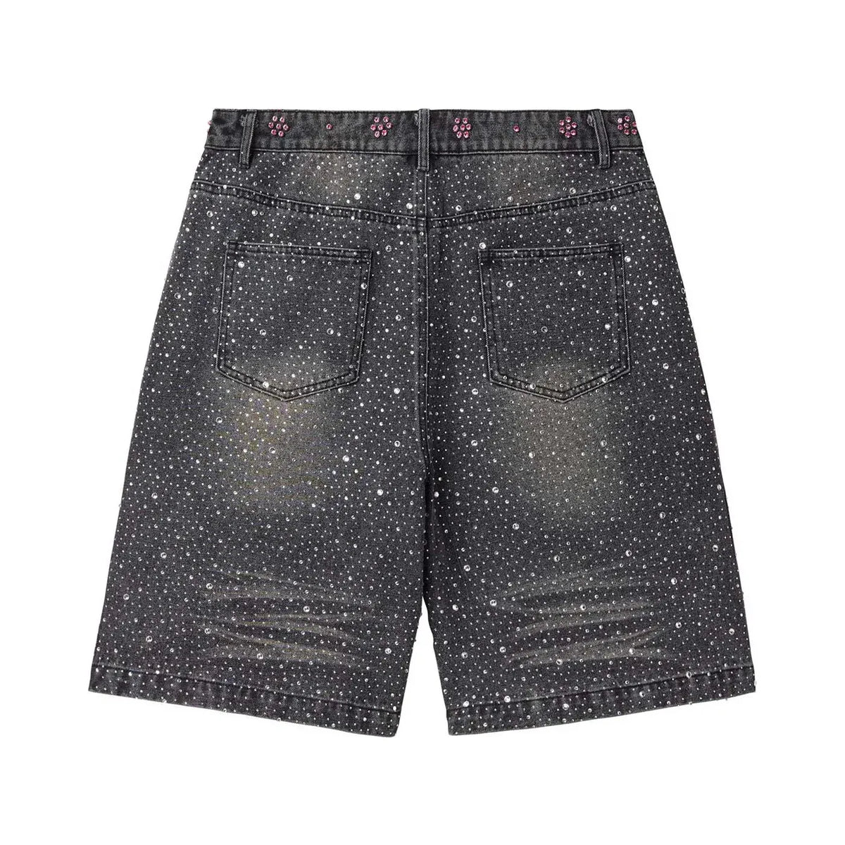 Vale Forever Black Iced Out Jorts covered in clear rhinestones. Pink flower-shaped studs on the waistband.