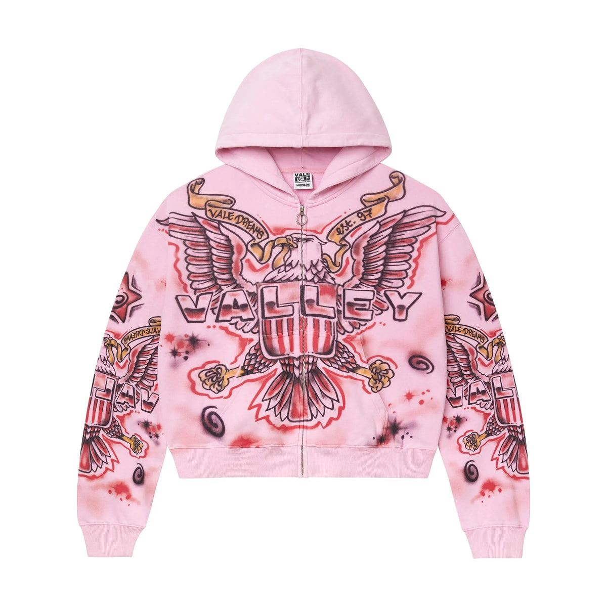 Pink Vale Forever hooded zip-up, cropped. Features large red & black eagle with striped shield, "VALE DREAMS est. 97" banners.