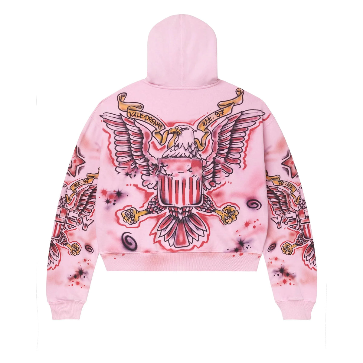 Pink zip-up hoodie with large back graphic: red/white eagle, "VALE DREAMS est. 97" banners. Sleeves & body feature splatter design.