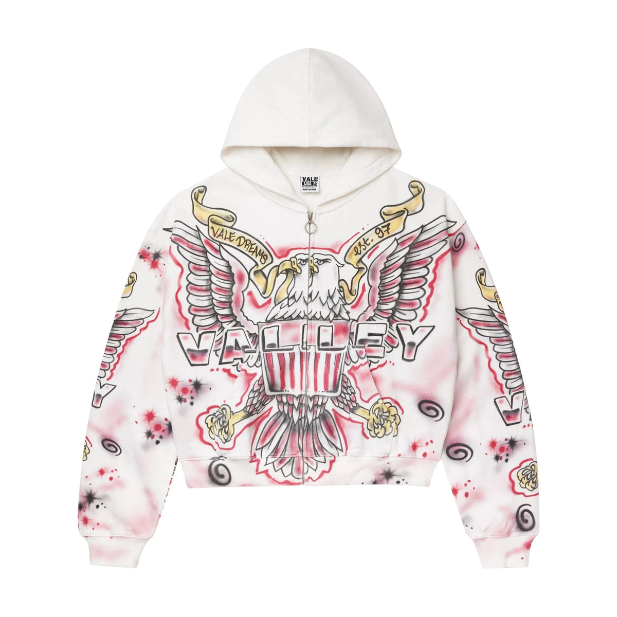 White Vale USA zip-up hoodie with a central red, black, and gold eagle graphic, 'VALLEY', 'VALE DREAMS', 'est. 97', and paint splatters.