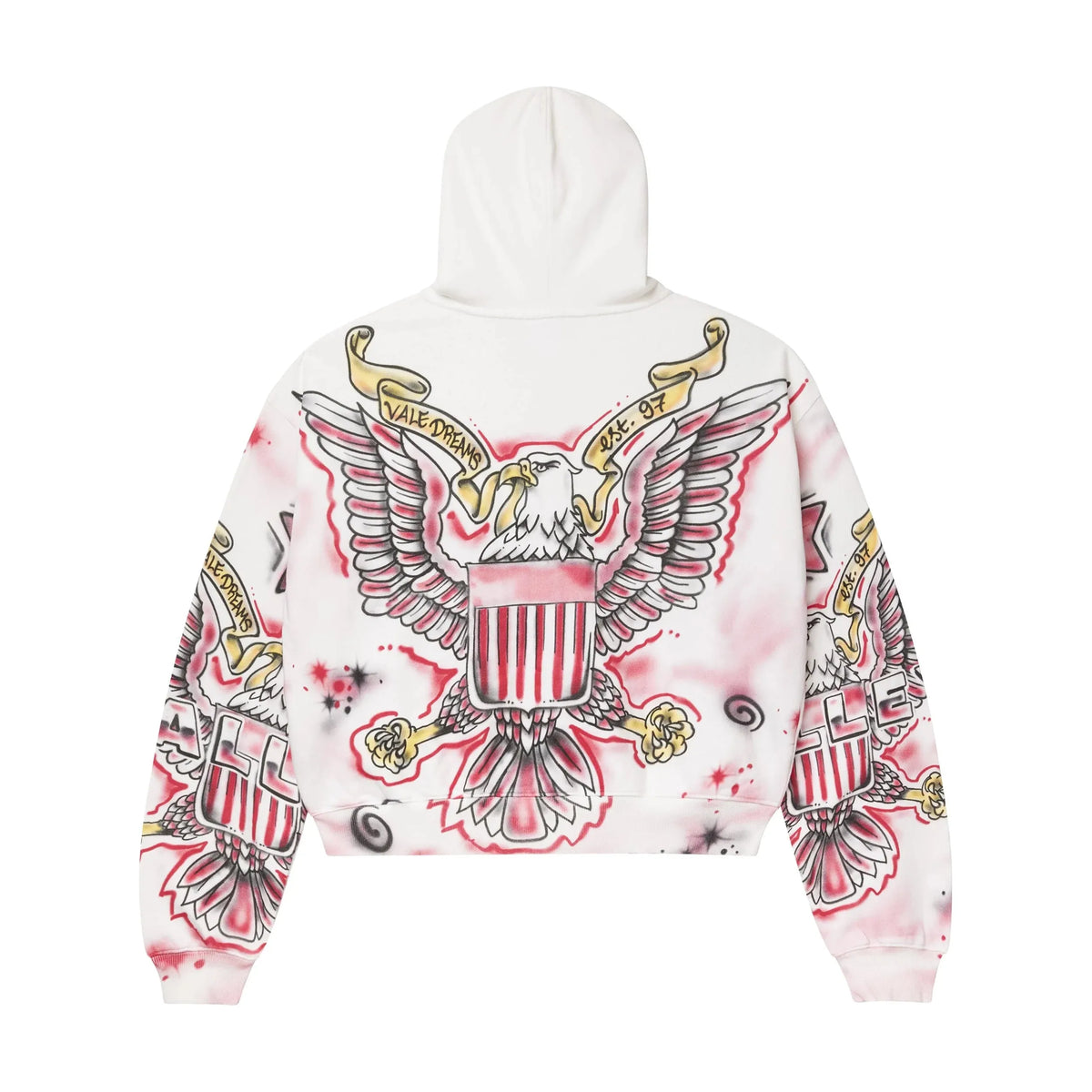 White Vale Forever zip-up hoodie, back view. Features a red & black airbrushed eagle with a striped shield & "VALE DREAMS" banner.