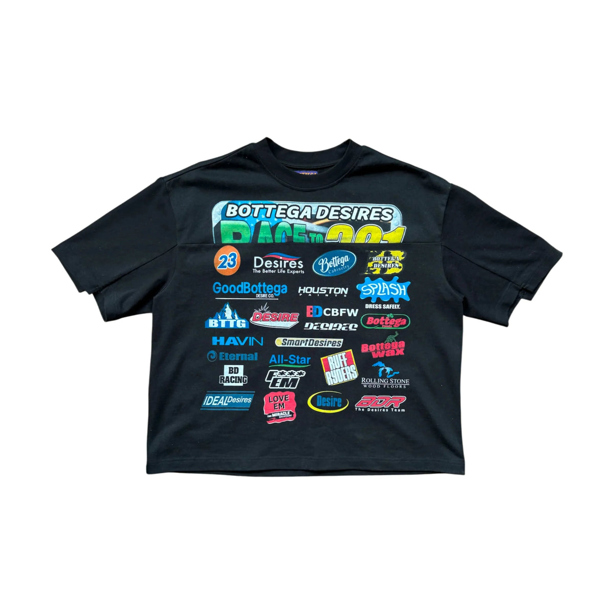 Black Bottega Desires Race Tee with large 'Bottega Desires Race to 001' graphic and many colorful sponsor logos.