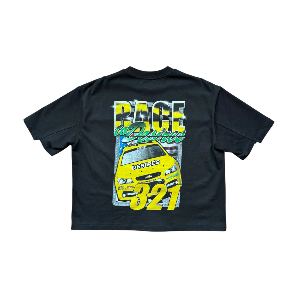 Black Bottega Desires Race Tee. Back print: metallic "RACE" text, green "to Desires," yellow race car with "321" and checkerboard pattern.