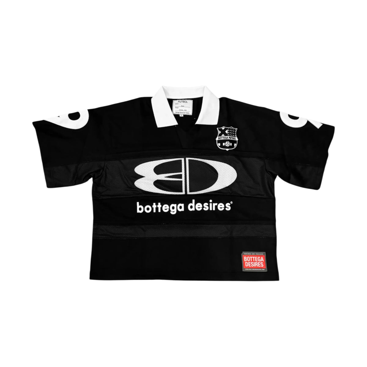Black Bottega Desires futbol jersey. White collar, 'BD' logo, 'bottega desires' text, 'Bottega Futbol', white sleeve '8's, mesh panels.