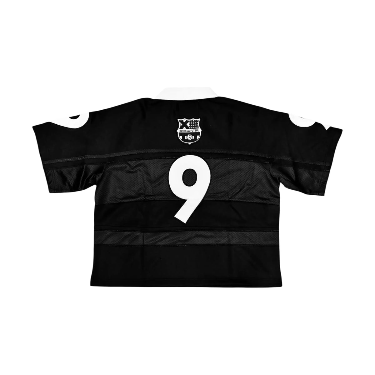 Black Bottega Futbol jersey with white collar, a "Bottega Futbol" shield logo, & large white 9 on the back. Features mesh.