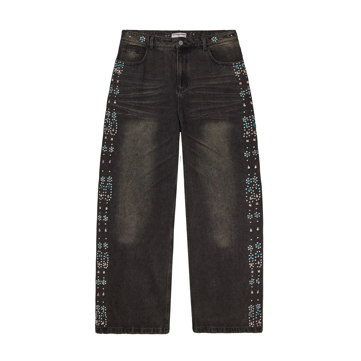 Vale Forever black faded Candy Denim wide-leg jeans with blue, pink, & clear rhinestones on waistband & side seams.