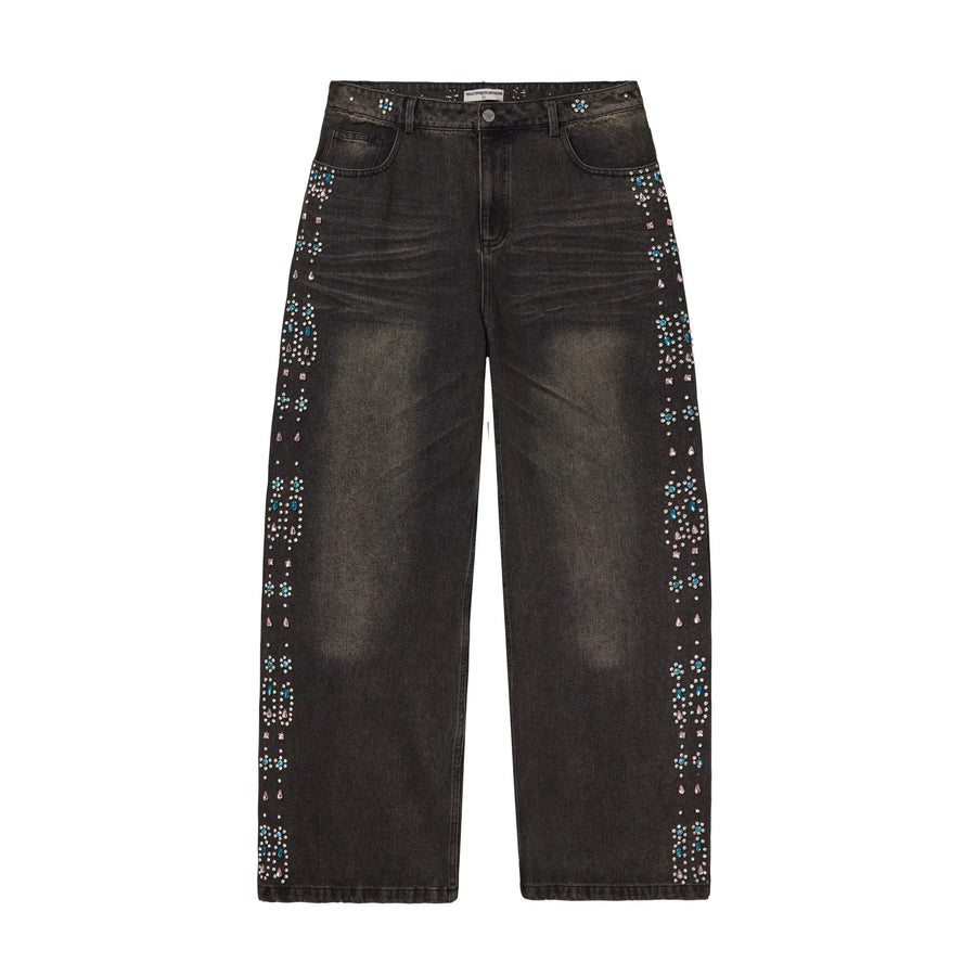Vale Forever black faded Candy Denim wide-leg jeans with blue, pink, & clear rhinestones on waistband & side seams.