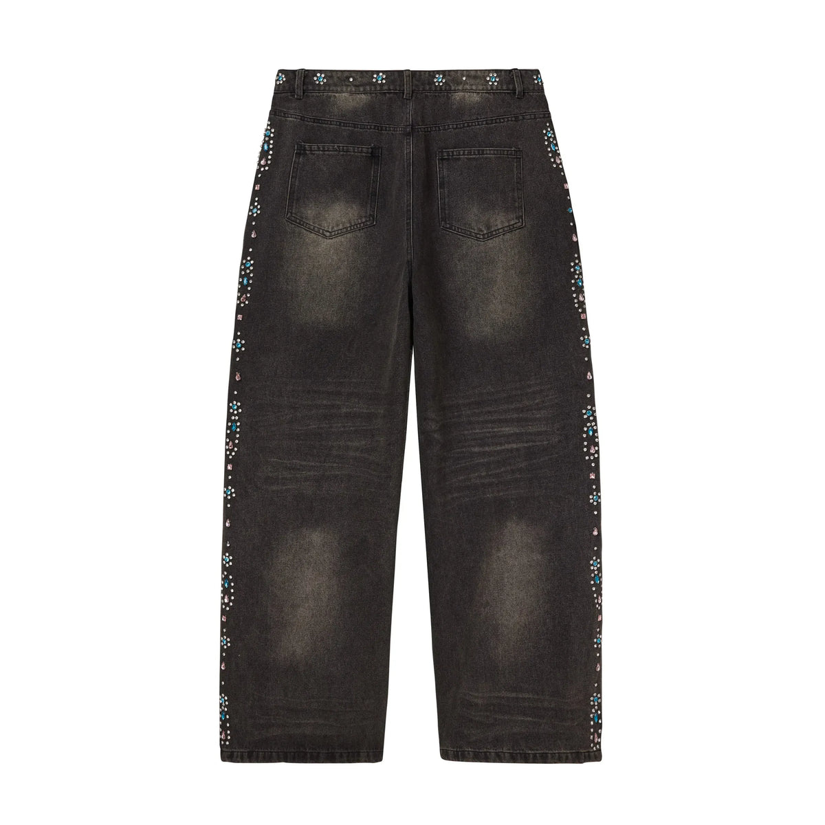 Vale Forever black faded wide-leg Candy Denim jeans with blue, pink, & clear rhinestone clusters & gems on sides & waist.