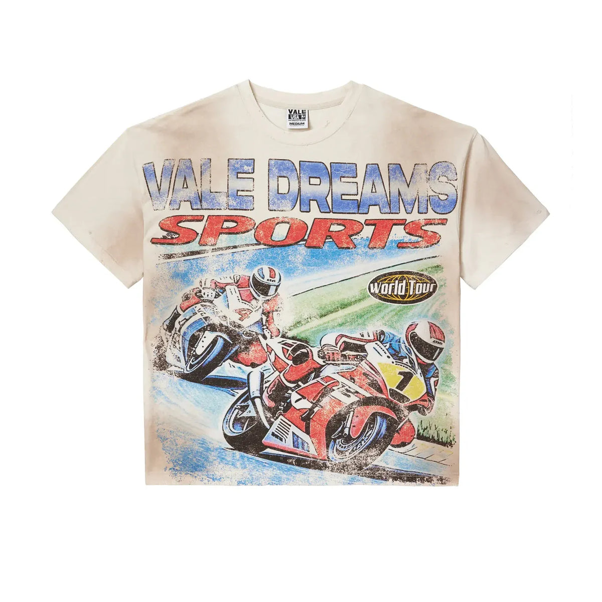White distressed Vale tee with blue "VALE DREAMS" & red "SPORTS" text above two racing motorcyclists.