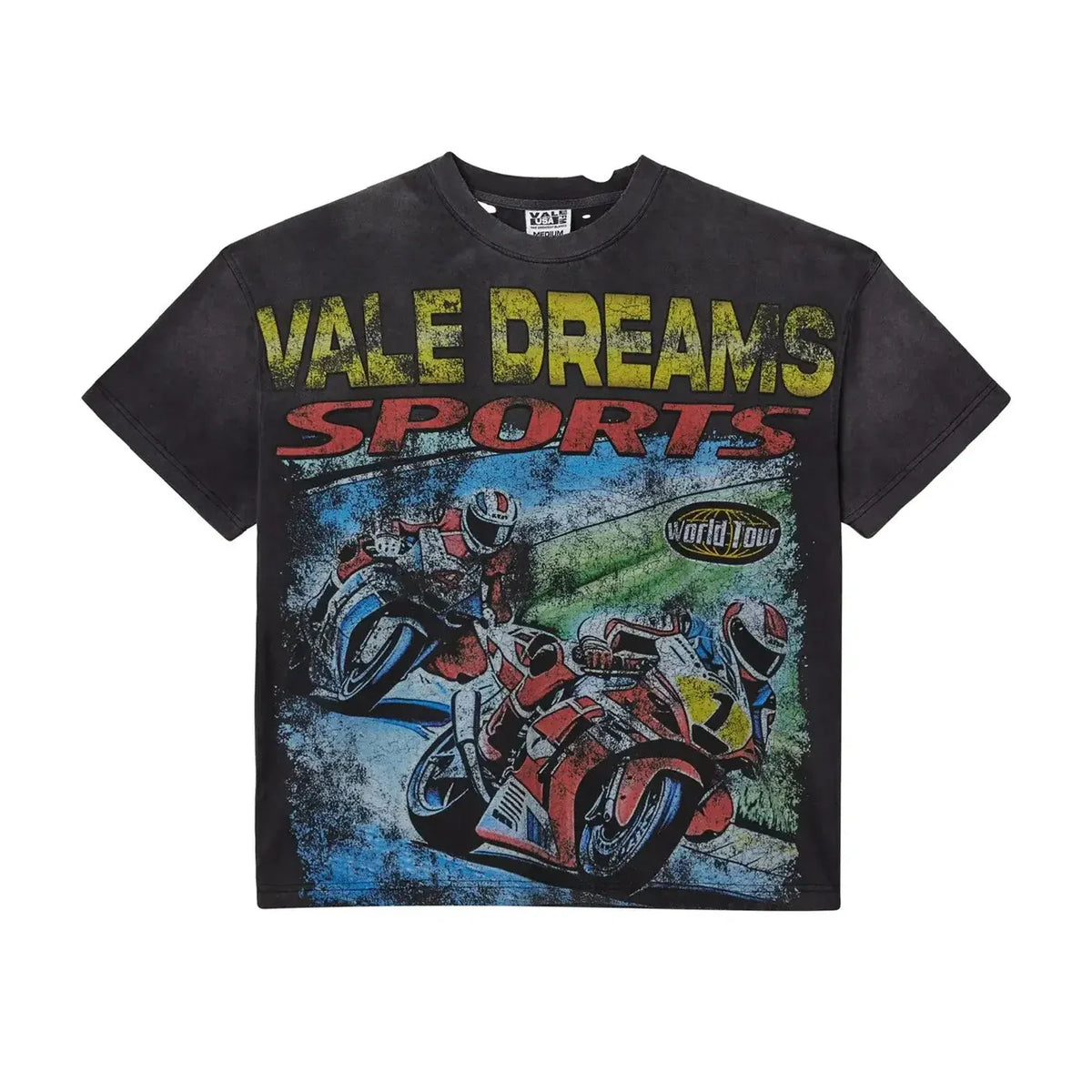 Washed black Vale tee with "Vale Dreams Sports" graphic, two retro racing motorcycles, and "World Tour" text.
