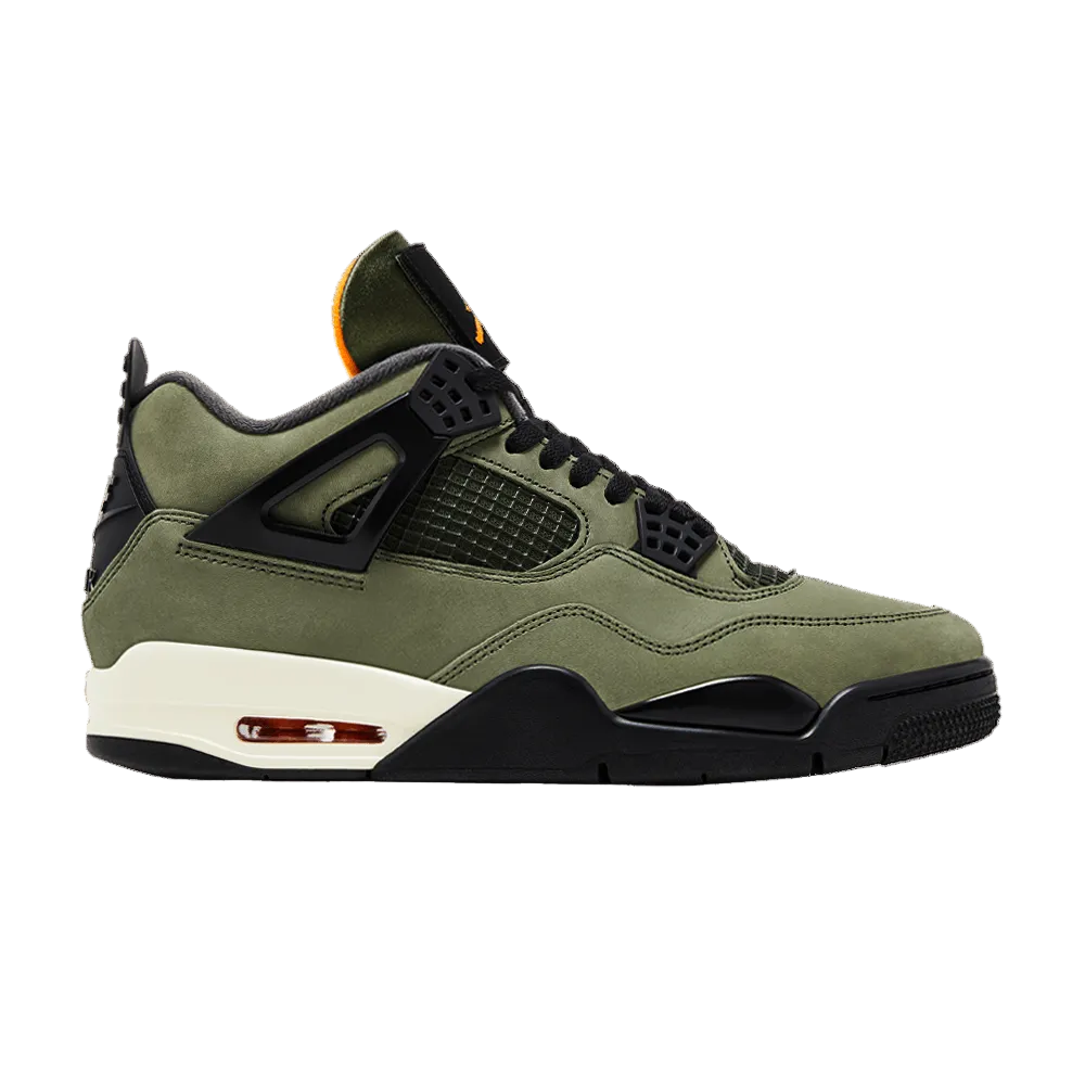 Air Jordan 4 Retro Undefeated. Olive green suede upper, black mesh & wings, off-white midsole with visible Air, orange lining.