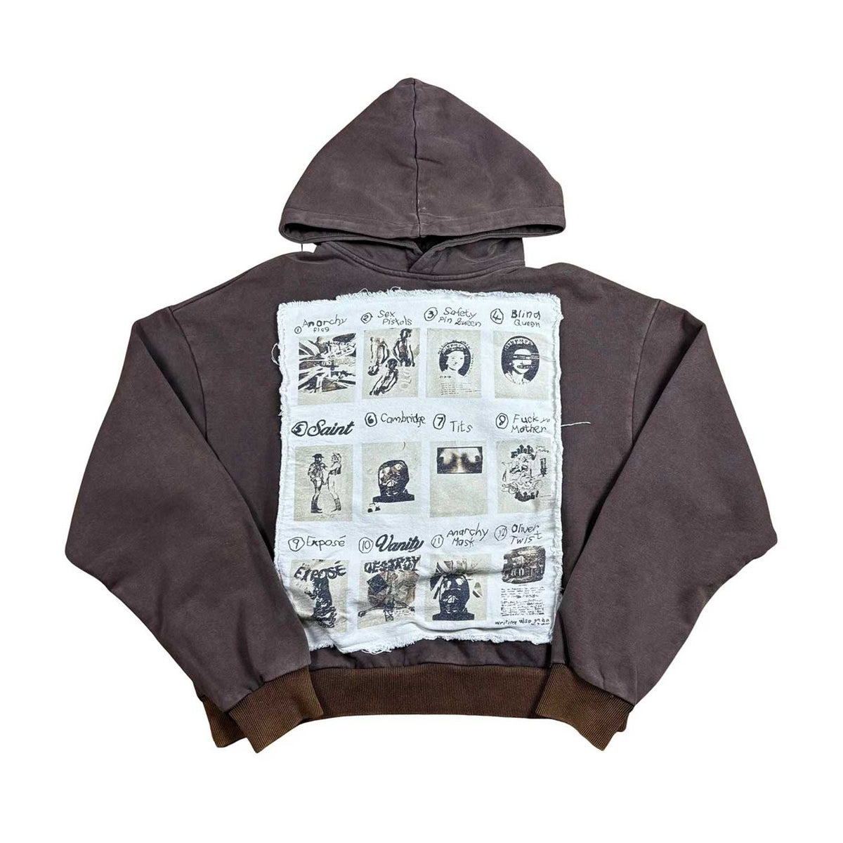 Saint Vanity 'Vain Life' brown hoodie with large distressed white patch on back featuring 12 punk-style black & white images.
