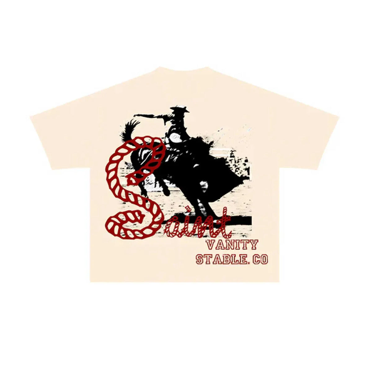 Cream Saint Vanity Stable Tee with black bucking cowboy, red rope 'S', and 'VANITY STABLE CO' text.