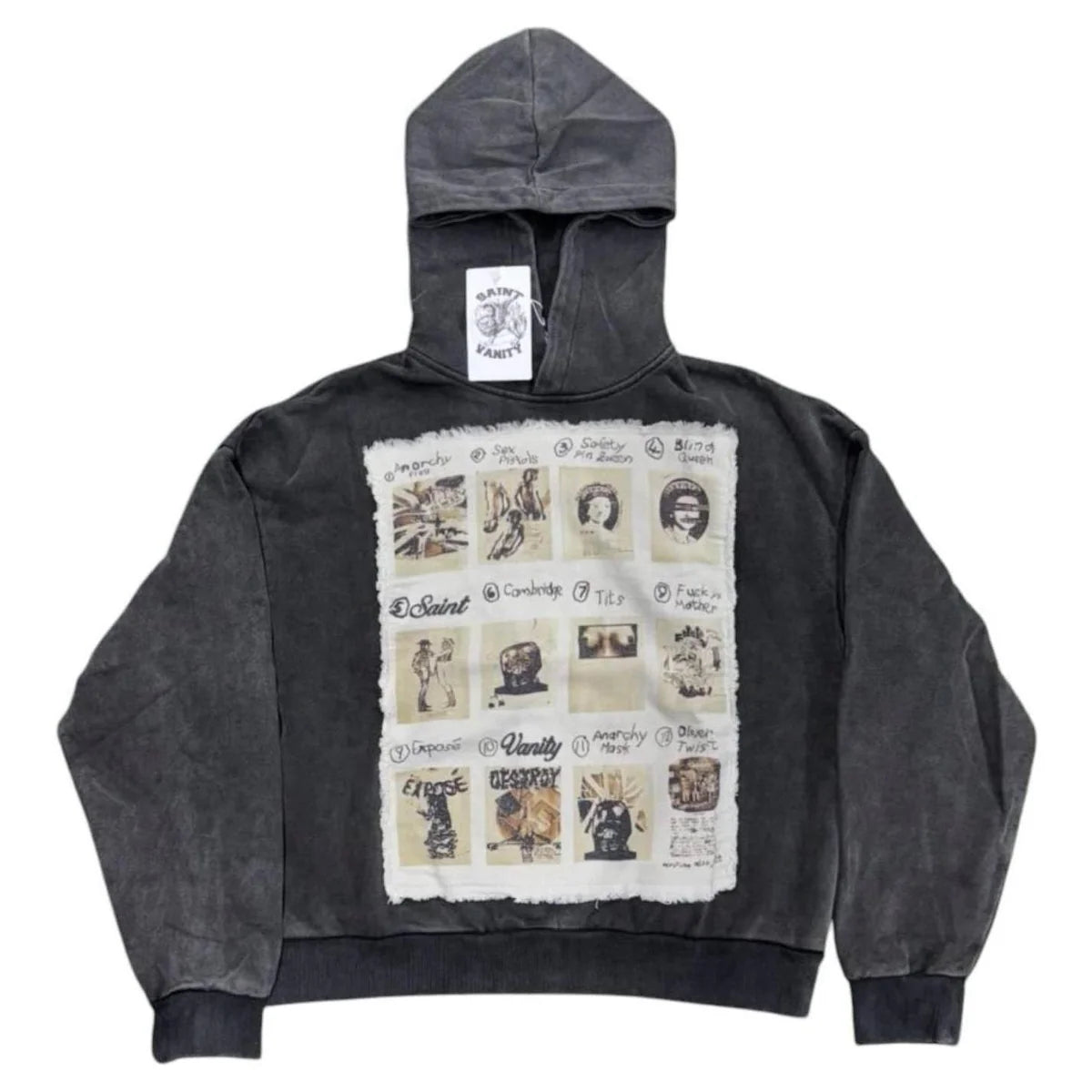 Saint Vanity grey distressed hoodie with a chest patch featuring 16 punk-style graphics like "Sex Pistols" & "Anarchy".