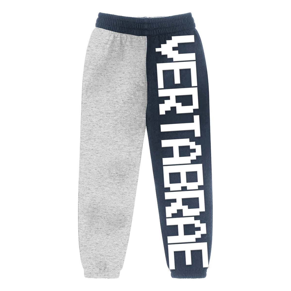 Vertabrae C-1 Split Sweatpants: one leg marl grey, other carbon dark blue with pixelated white 'VERTABRAE' text.