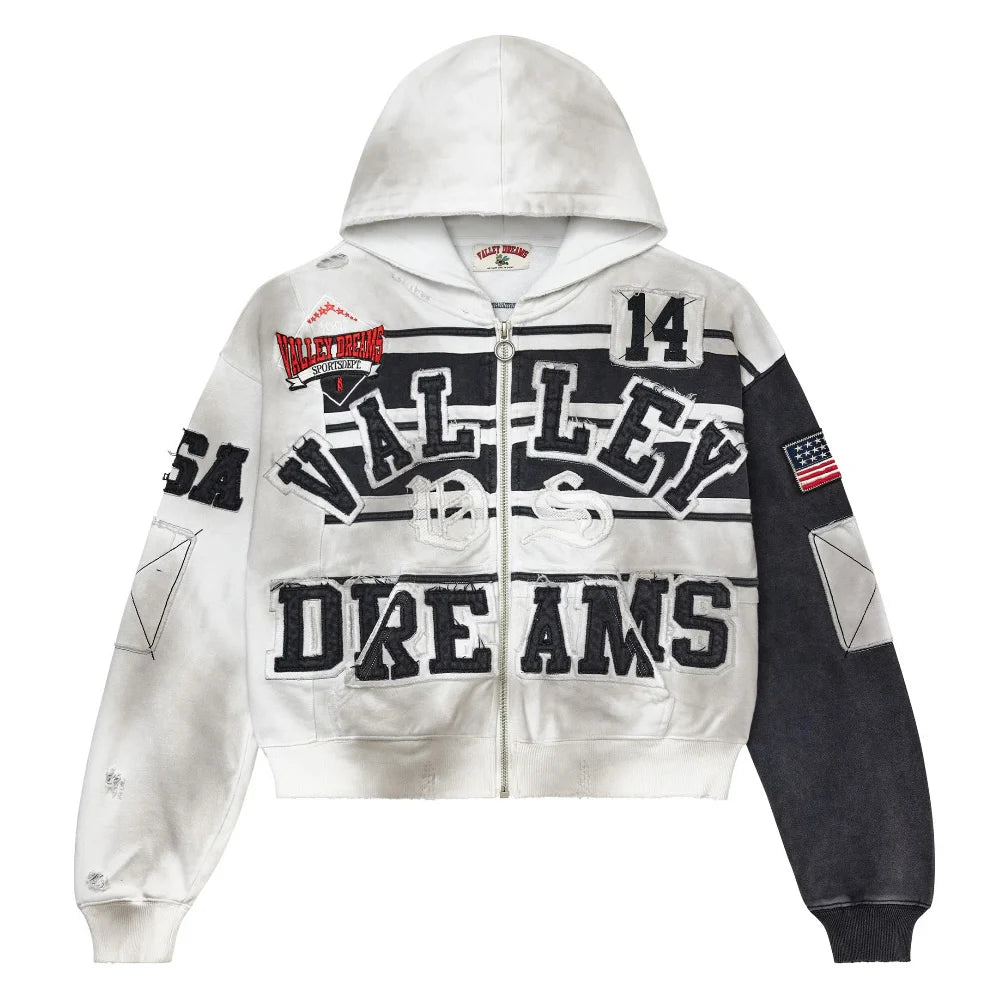 Distressed Vale Forever Oreo Collage zip-up hoodie, white/black, 'VALLEY DREAMS' text, USA, 14, & flag patches.