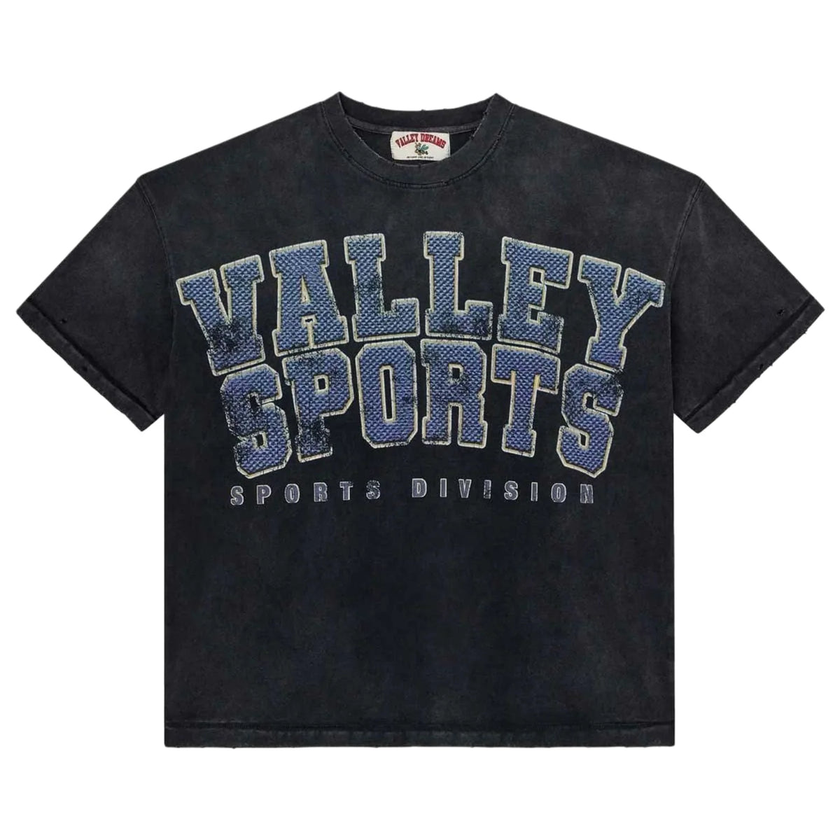 Faded black tee with distressed blue/white 'VALLEY SPORTS' & 'SPORTS DIVISION' print. 'VALLEY DREAMS' tag; worn edges.