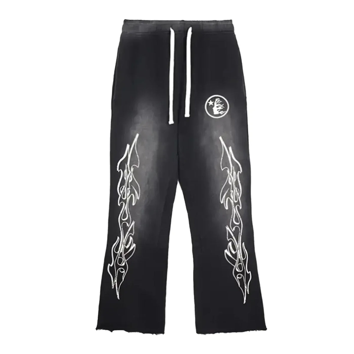 Hellstar Black Flame Flare Sweatpants. White drawstrings, outer leg flame graphics, Hellstar logo, raw hem.