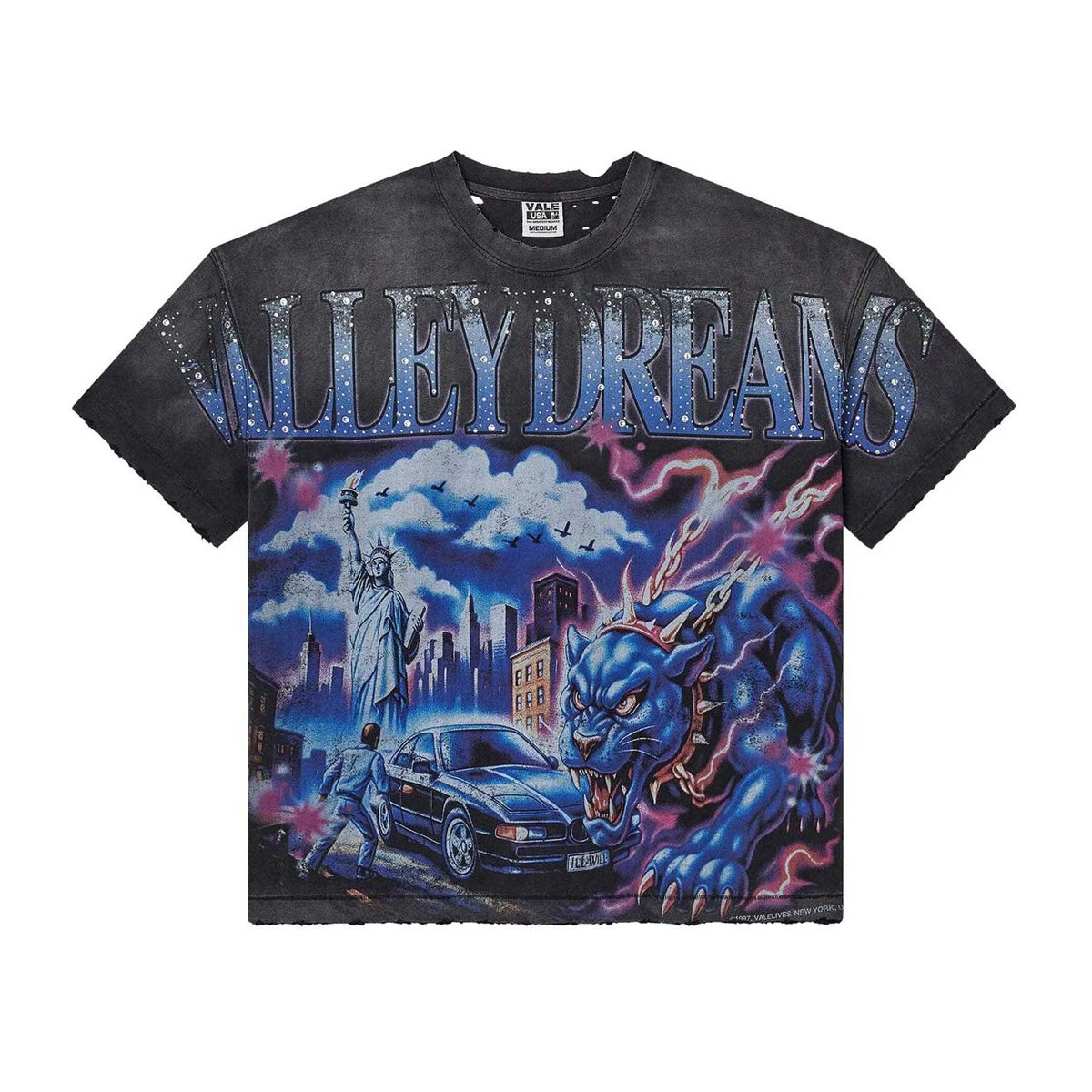 Vale Forever washed black Big Monster tee. Blue "VALLEY DREAMS" text above NYC skyline & a fierce blue panther.