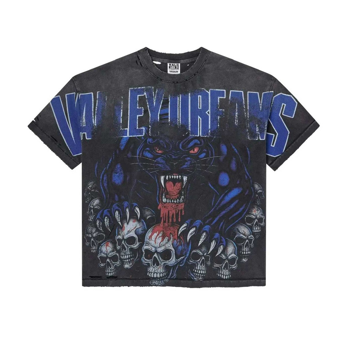 Vale Forever distressed black tee with blue 'VALE FOREVER' text, snarling black panther, red eyes, bloody mouth, & skulls.