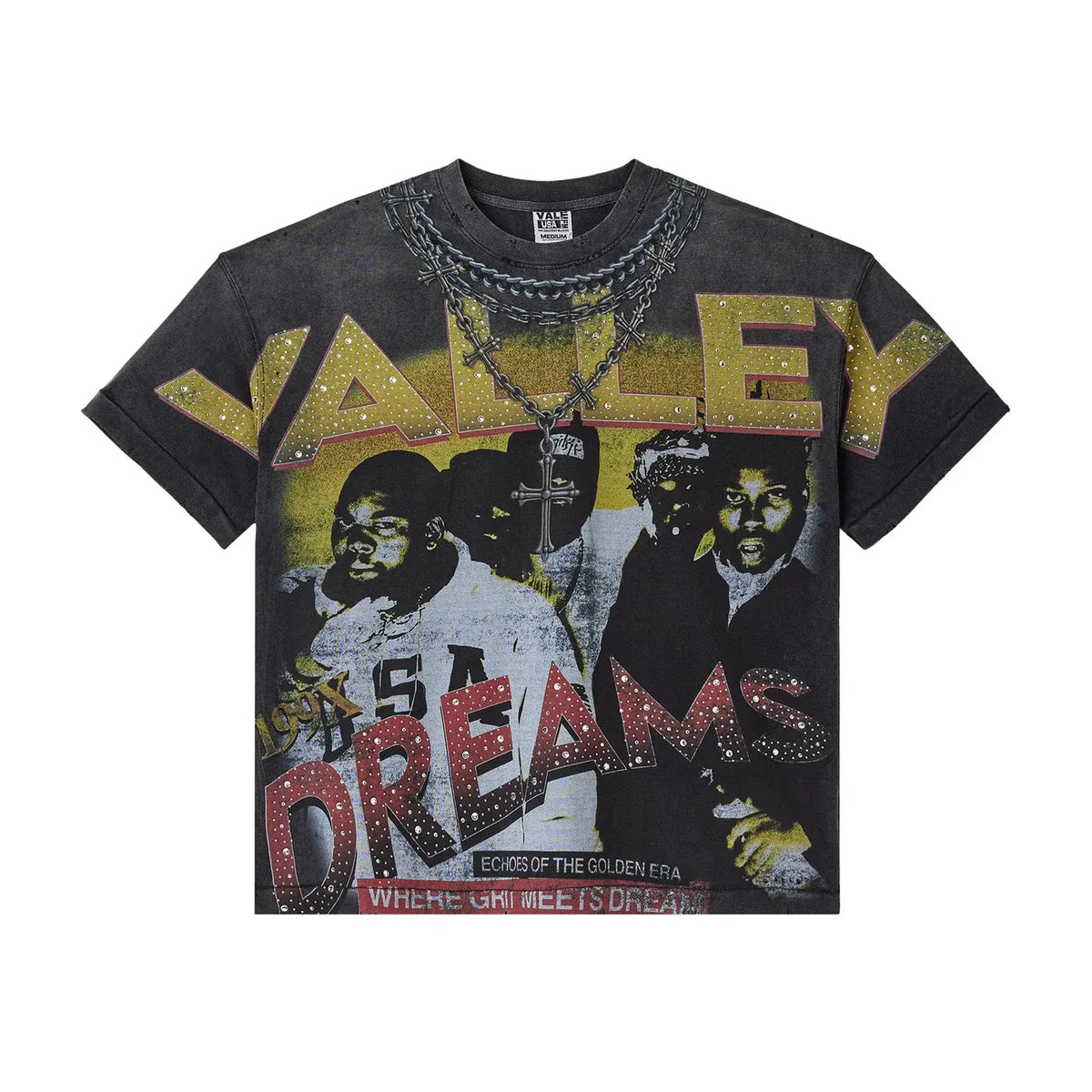Black distressed Vale Forever tee with "VALLEY" in gold bling, chain graphic, 3 men, & "DREAMS" in red bling.
