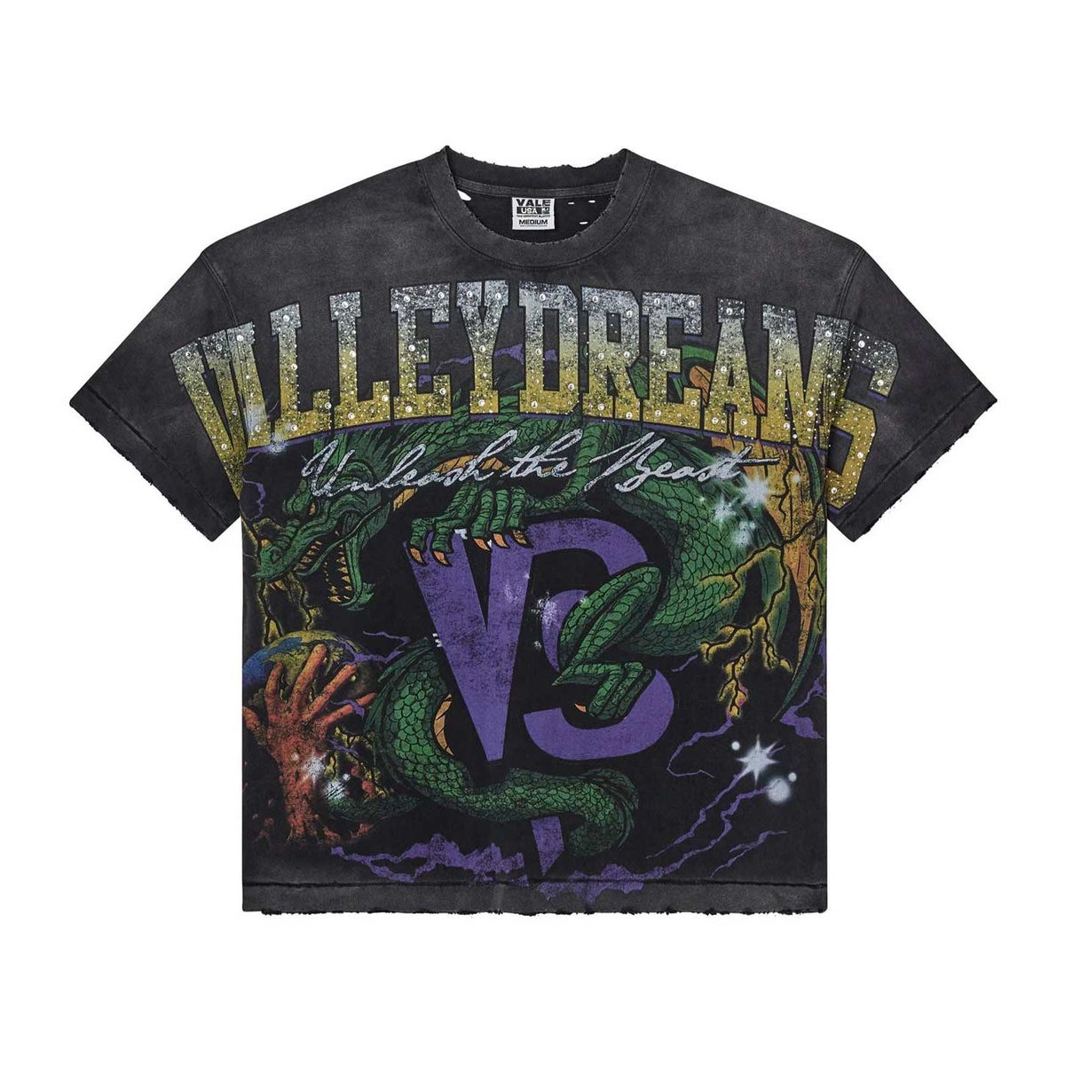 Vale Forever black distressed tee with sparkly "VALLEY DREAMS" text, a green dragon, purple "V3" logo, and "Unleash the Beast" graphic.