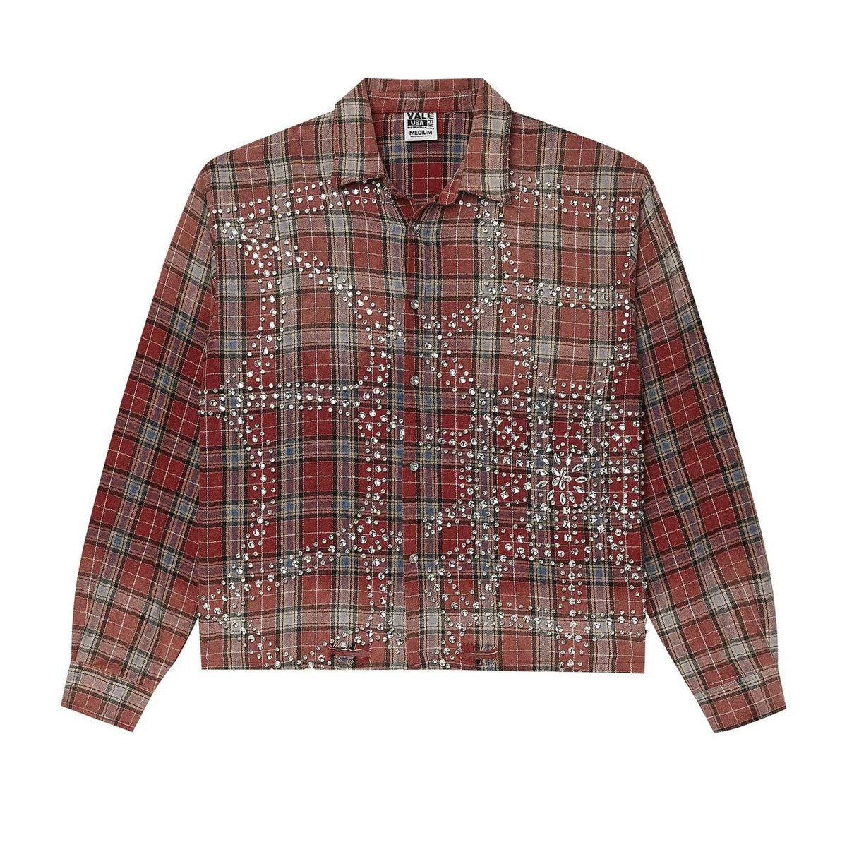 Vale USA red & brown plaid flannel shirt with distressed look, scattered silver studs, and a central starburst design.