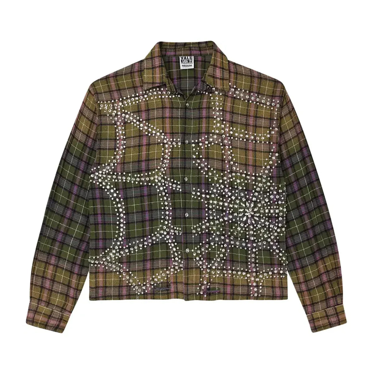 Vale Forever Green Fever Flannel: Olive, purple & brown plaid shirt with dazzling rhinestone web design.