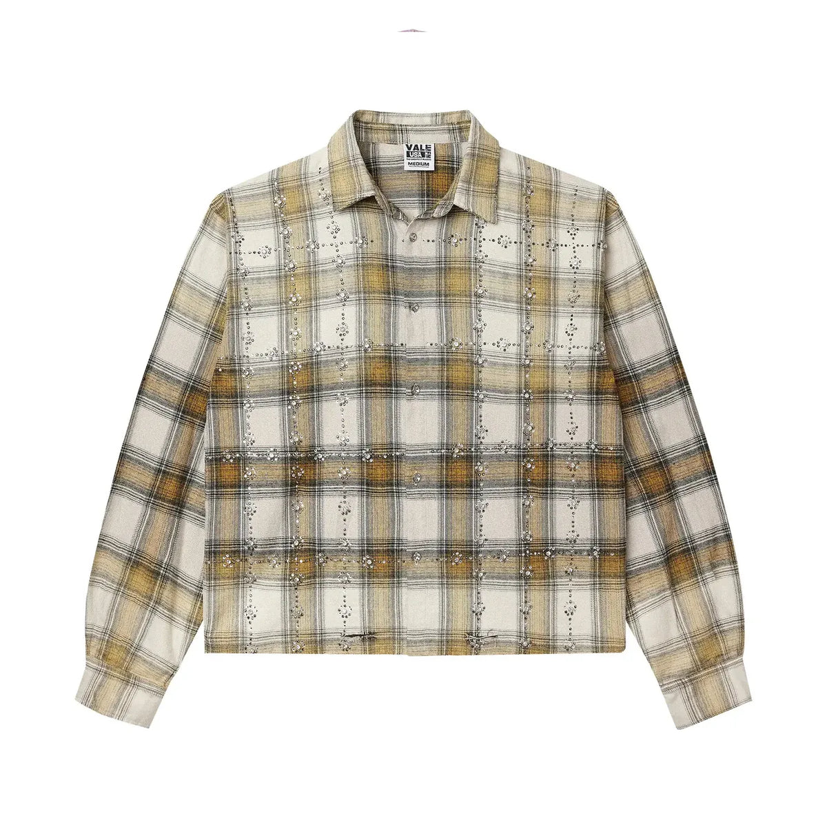 Vale Forever Wheat Flannel shirt, cream and tan plaid, featuring rhinestone cross stud details throughout.
