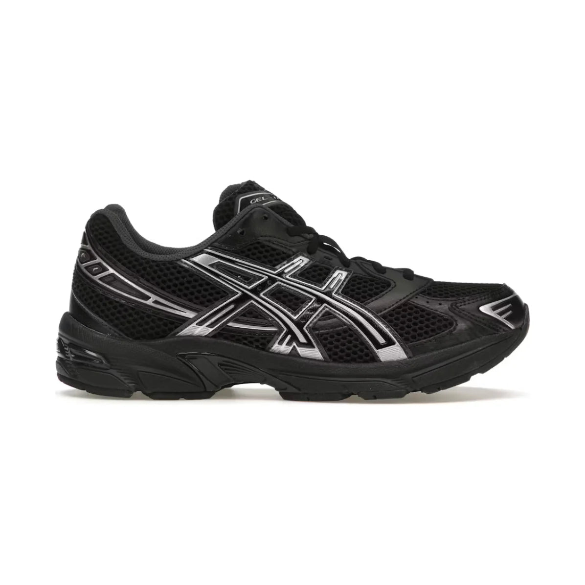 ASICS Gel-1130 Black Pure Silver running shoe with black mesh upper, metallic silver ASICS stripes, and black sole.