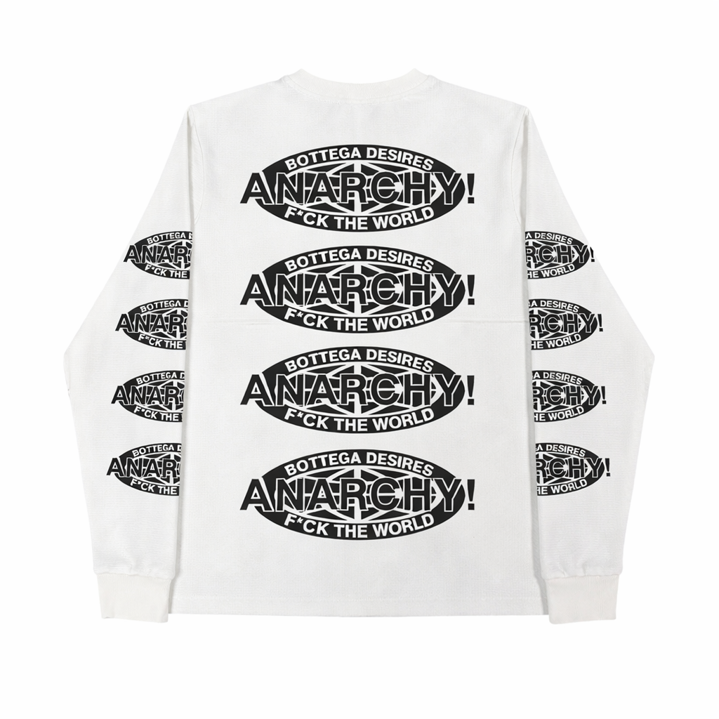 White Bottega Desires thermal L/S shirt, back view. Black "ANARCHY! F*CK THE WORLD" graphics repeat on back and sleeves.