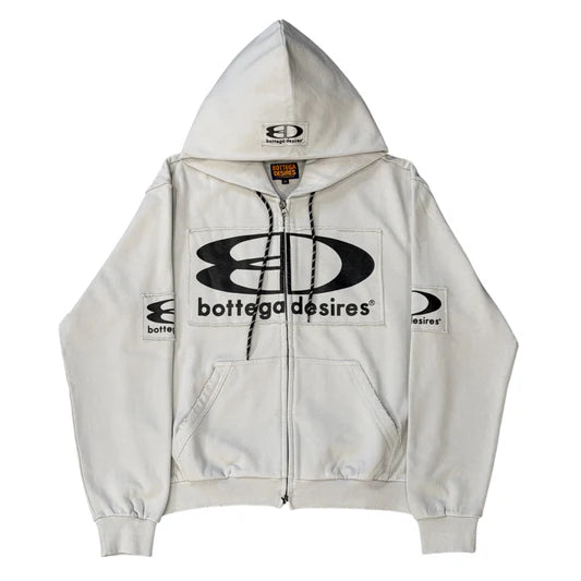 Bottega Desires grey tech jacket hoodie, full-zip. Large black BD logo on chest, smaller logos on hood, sleeves, pockets.