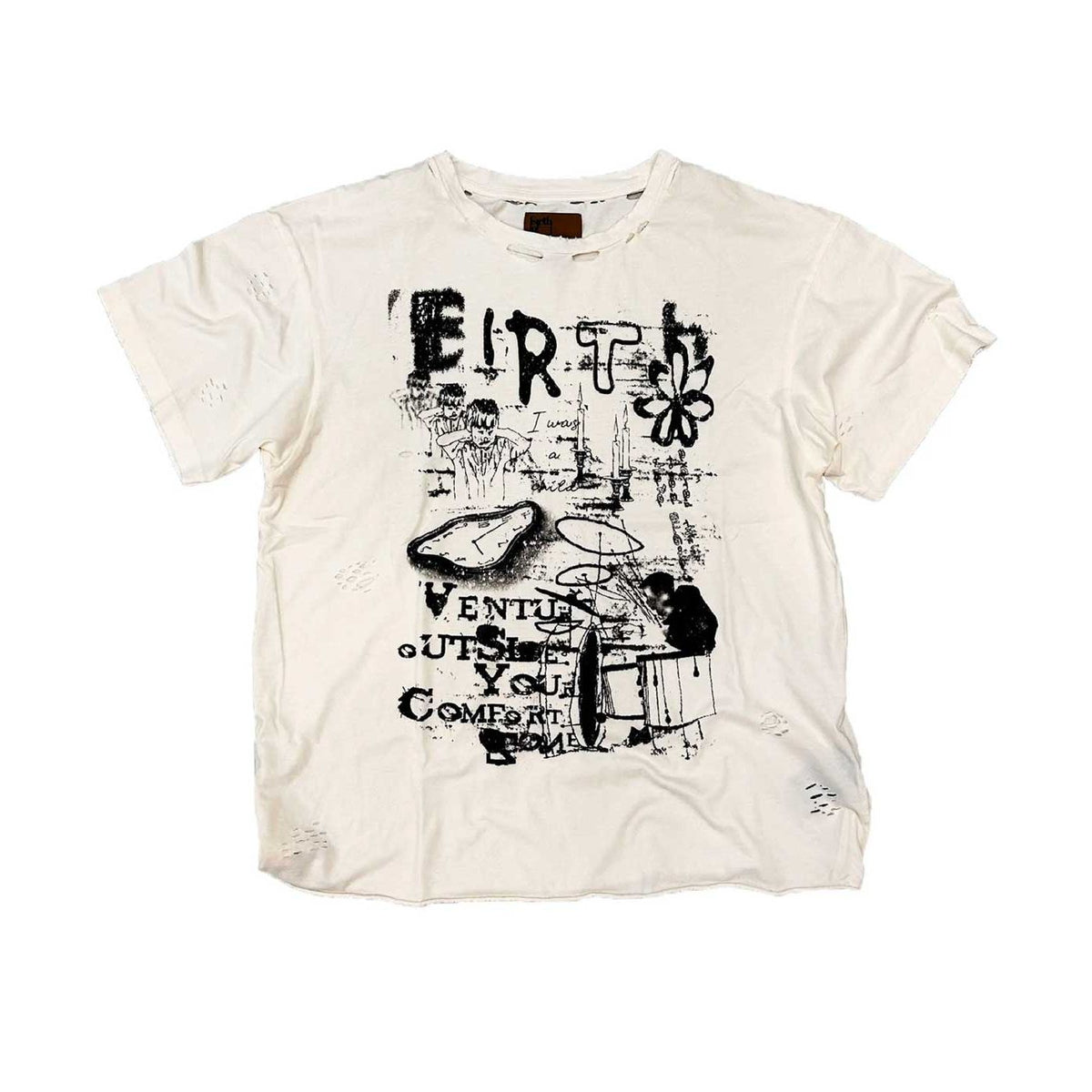 Cream distressed vintage tee with grungy black graphic: "BIRTH", a melting clock, drum set, & "VENTURE OUTSIDE YOUR COMFORT HOME" text.