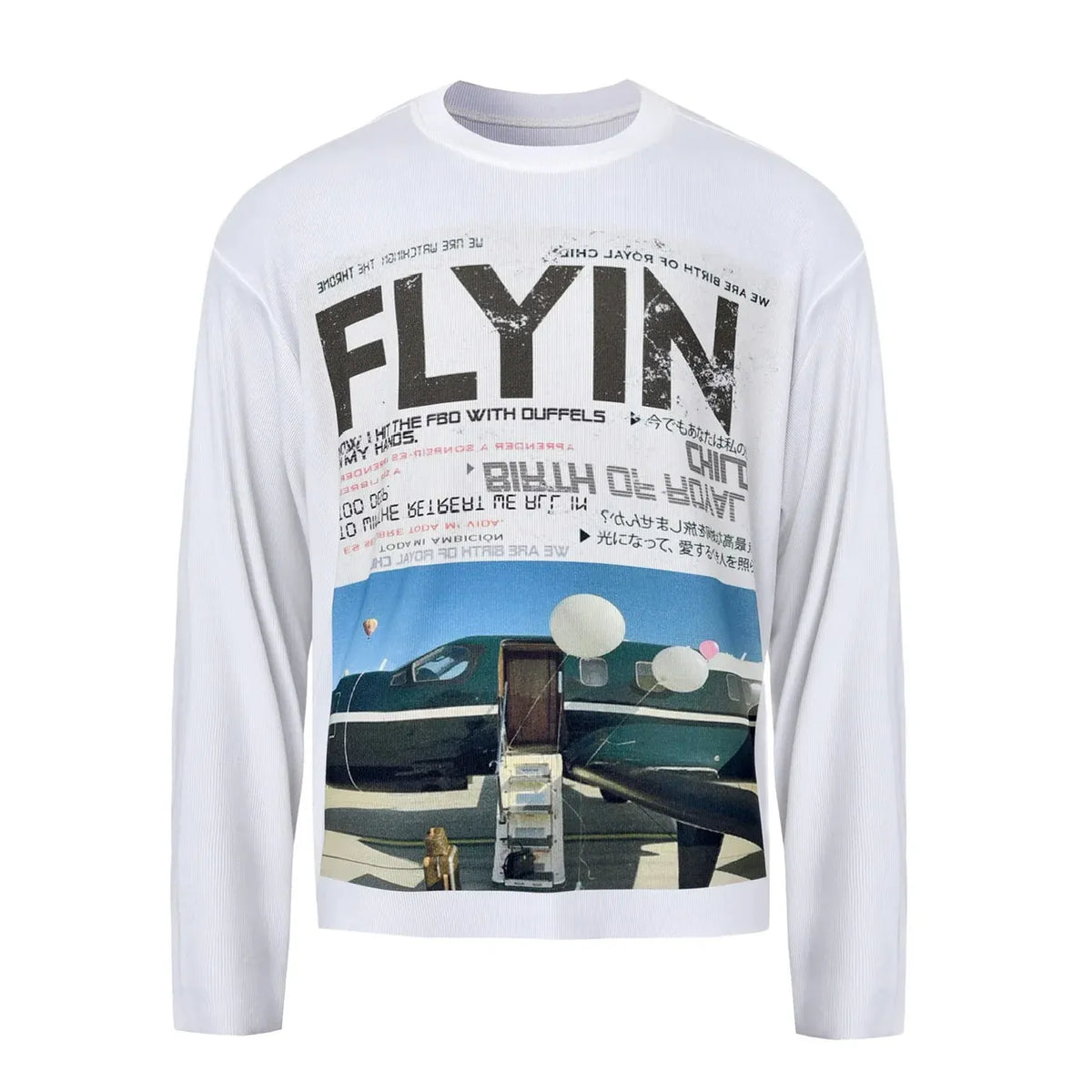 White long-sleeve tee featuring a graphic with bold 'FLYIN' text, a private airplane with stairs, and balloons.