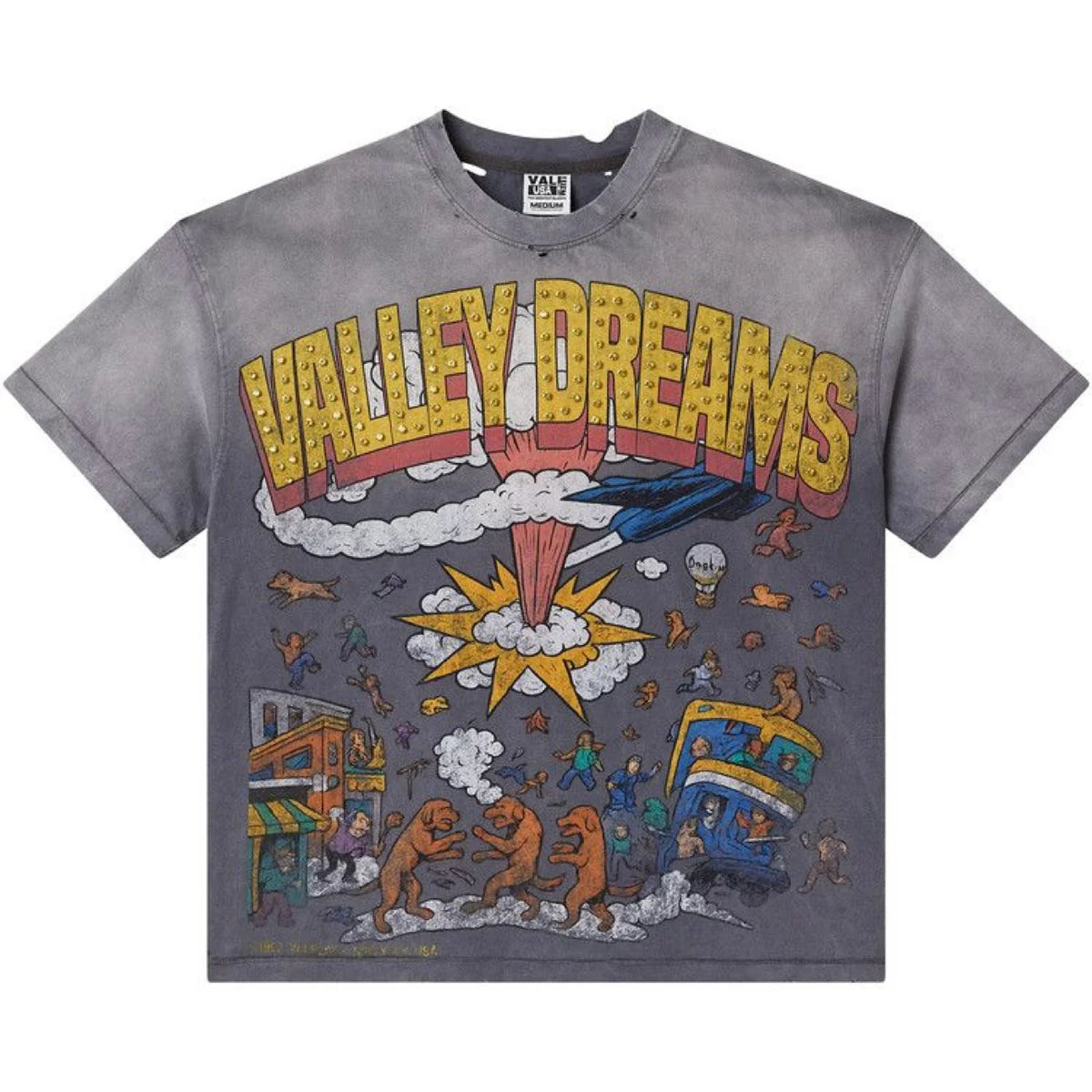 Vale Forever Grey Faded Bling Tee with gold studded 'VALLEY DREAMS' text above a vibrant chaotic scene of people, dogs, & street.