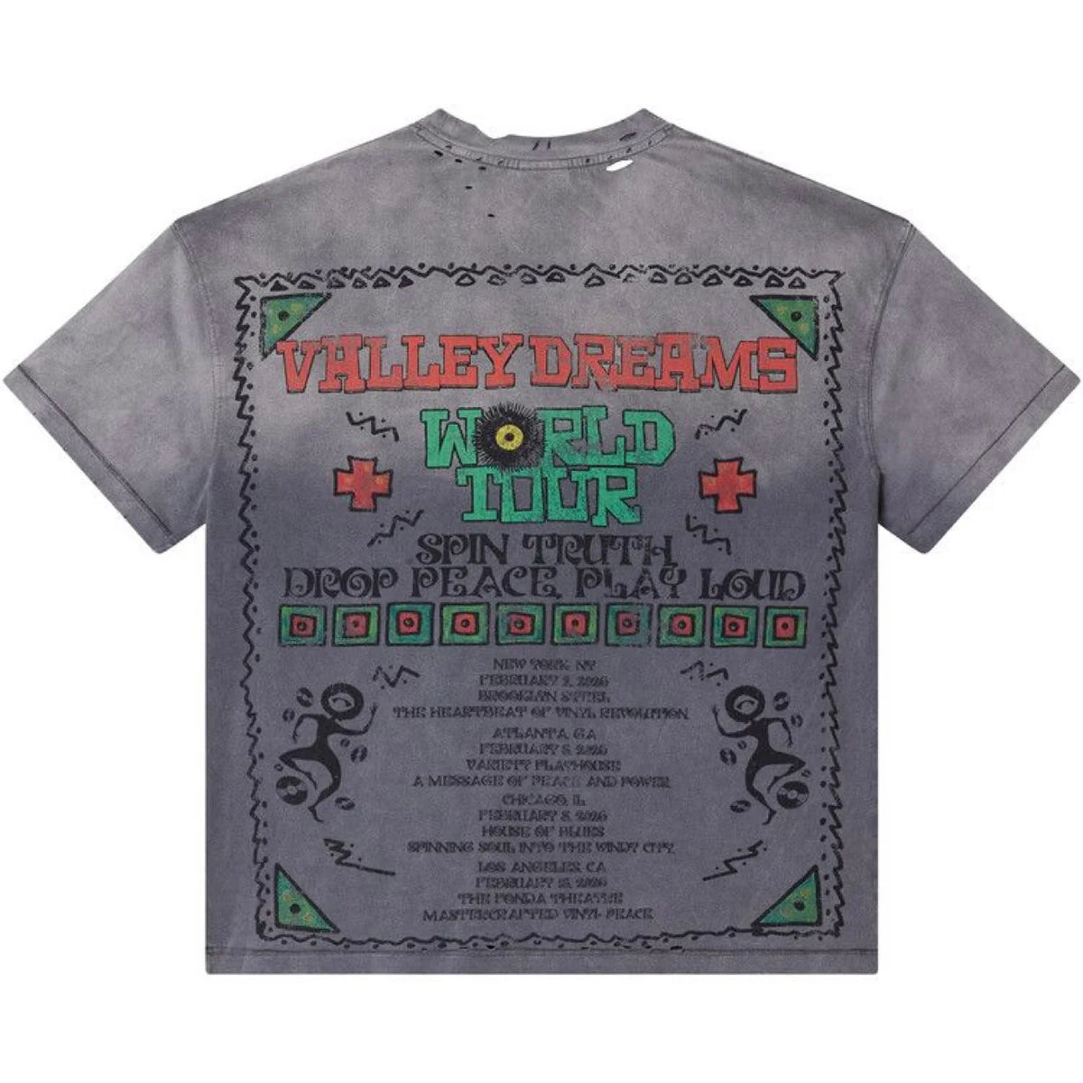 Distressed grey tee back with red/green "VALLEY DREAMS WORLD TOUR" graphic, a patterned border, dates, and dancing figures.