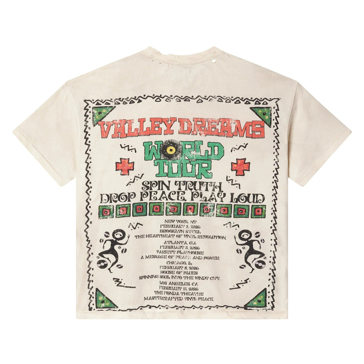 Tan Vale Forever Chaos Bling tee. Distressed, with large back graphic: 'VALLEY DREAMS WORLD TOUR' (red/green), record, figures, dates.