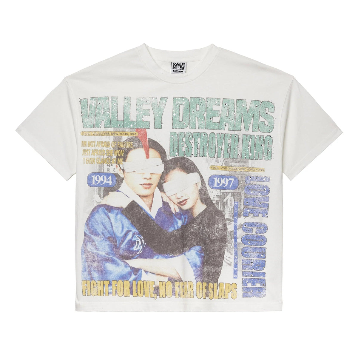 White Vale USA t-shirt. Front graphic features 'VALLEY DREAMS DESTROYER KING' in green bling text & faded image of two blindfolded people.