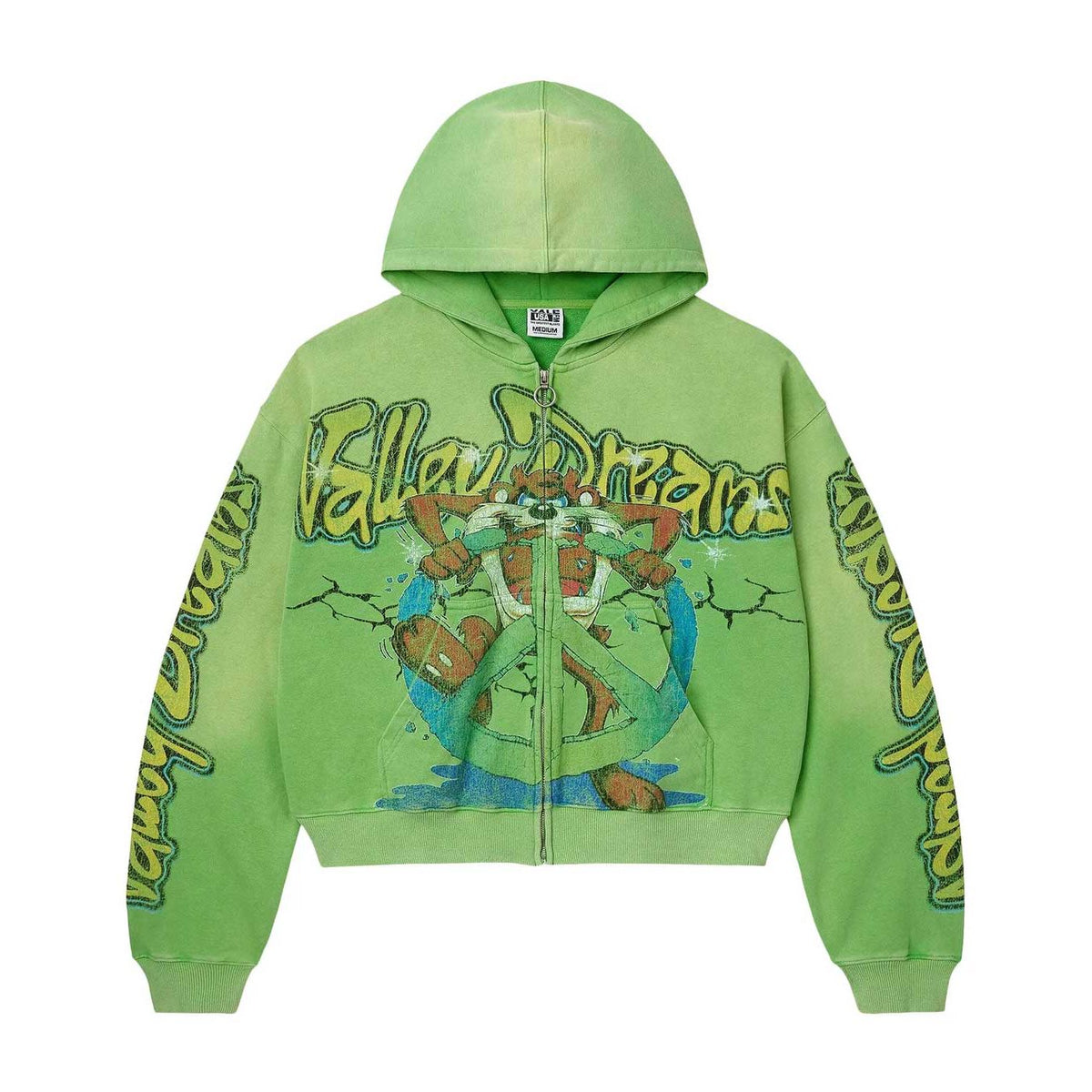 Vale Forever lime zip-up hoodie. Faded green with Taz graphic on front, "Fallen Dreams" text on chest & sleeves. Cropped, full-zip.