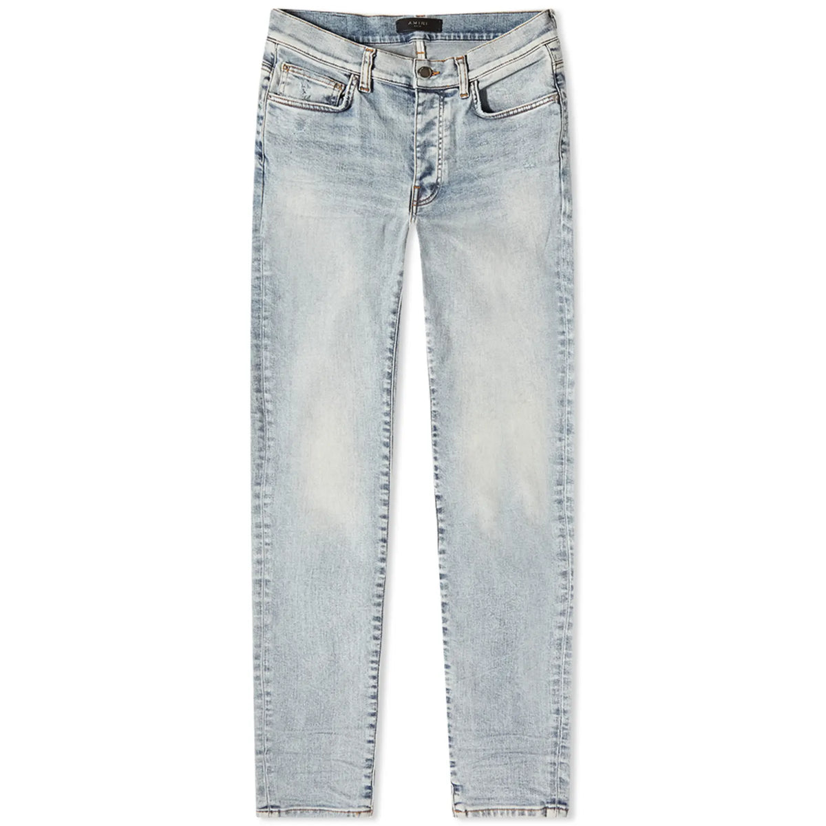 AMIRI Stone Indigo Stack Jean: slim-fit, light blue faded wash jeans with 5 pockets & button fly.