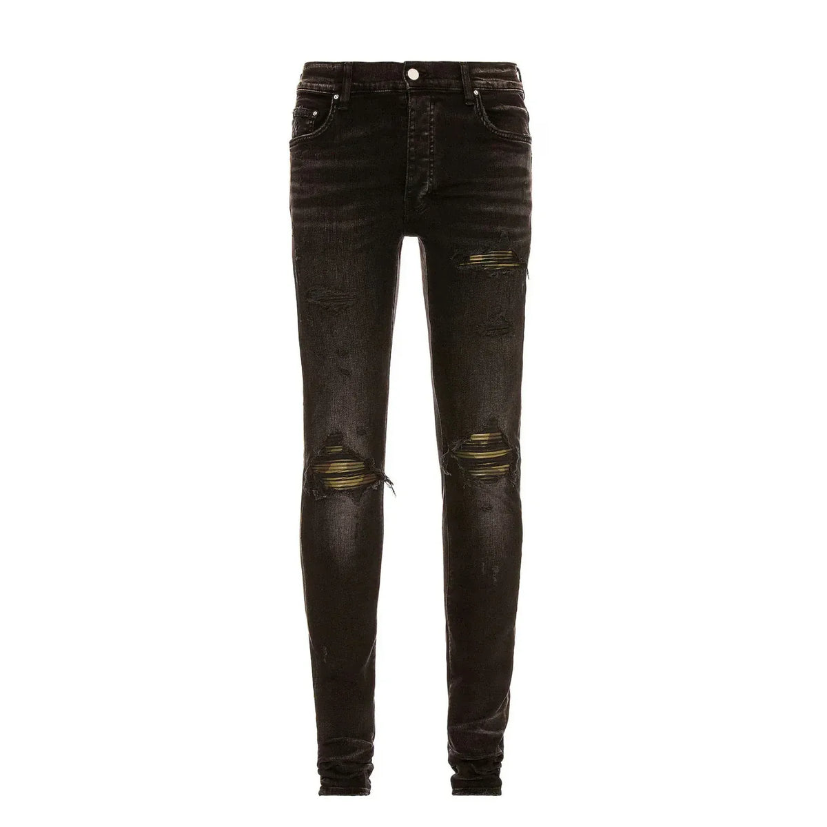 AMIRI MX1 faded black skinny jeans with knee and thigh rips, backed by green-gold leather camo patches.