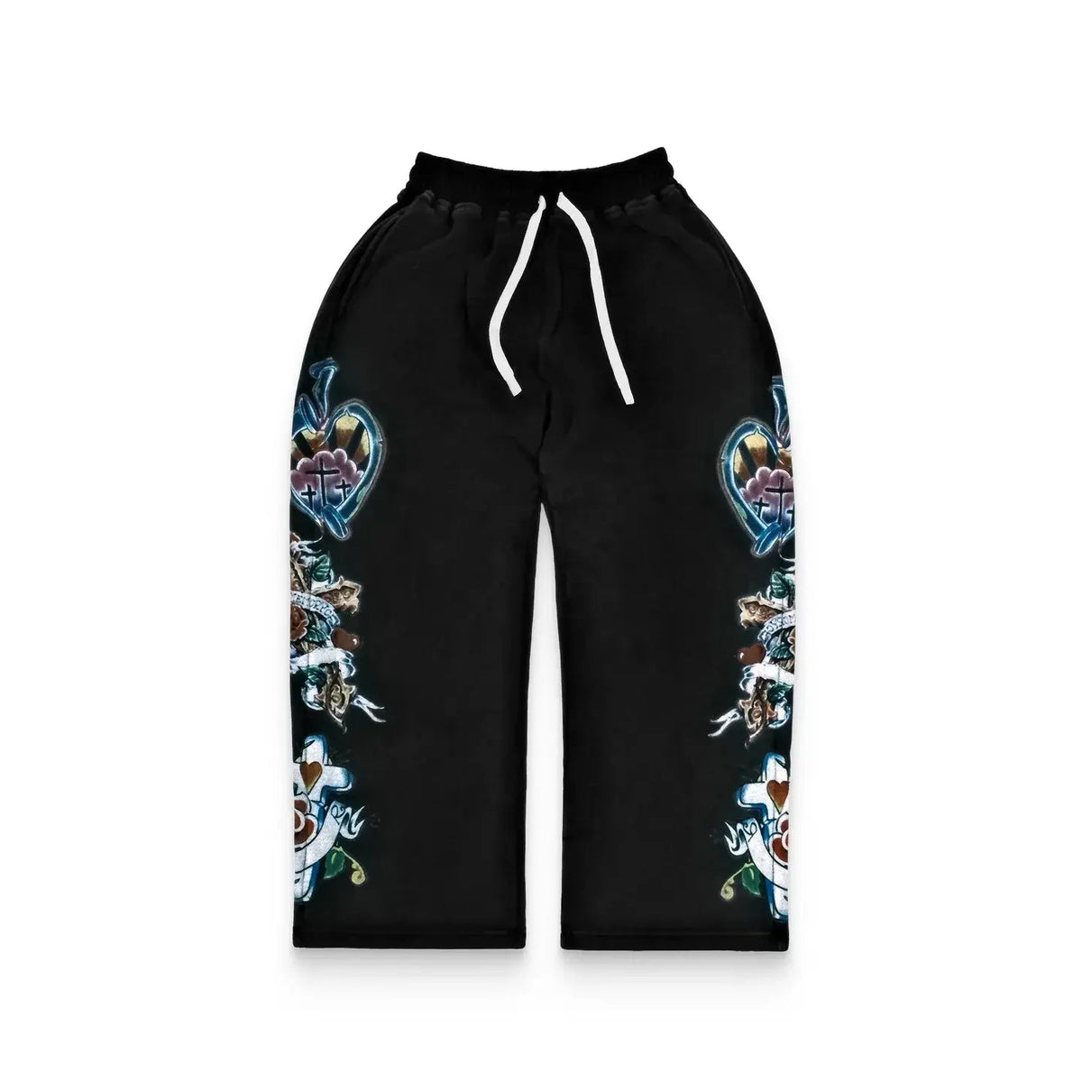 Black sweatpants with white drawstring. Elaborate, colorful tattoo-style sacred heart, cross, and floral graphics line both outer legs.